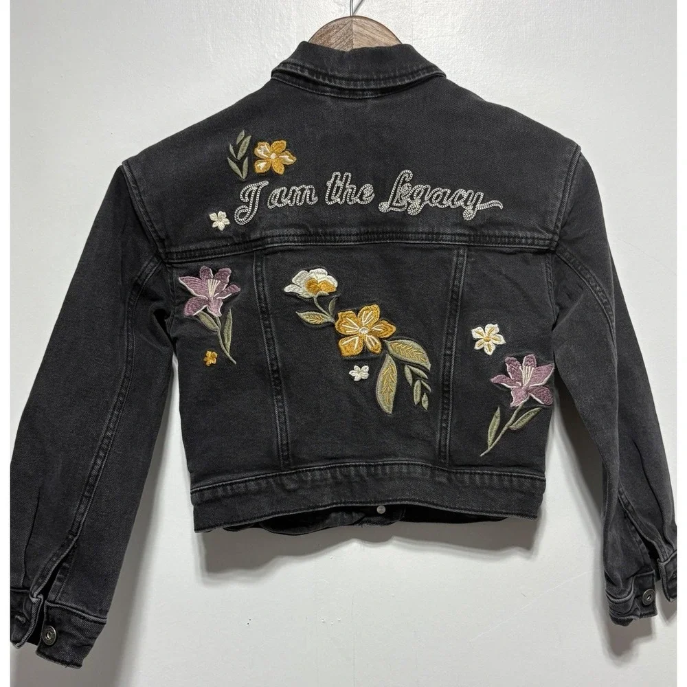 Abercrombie Kids Denim Jacket Girls Kids 9 10 Black Floral Embroidery Cropped